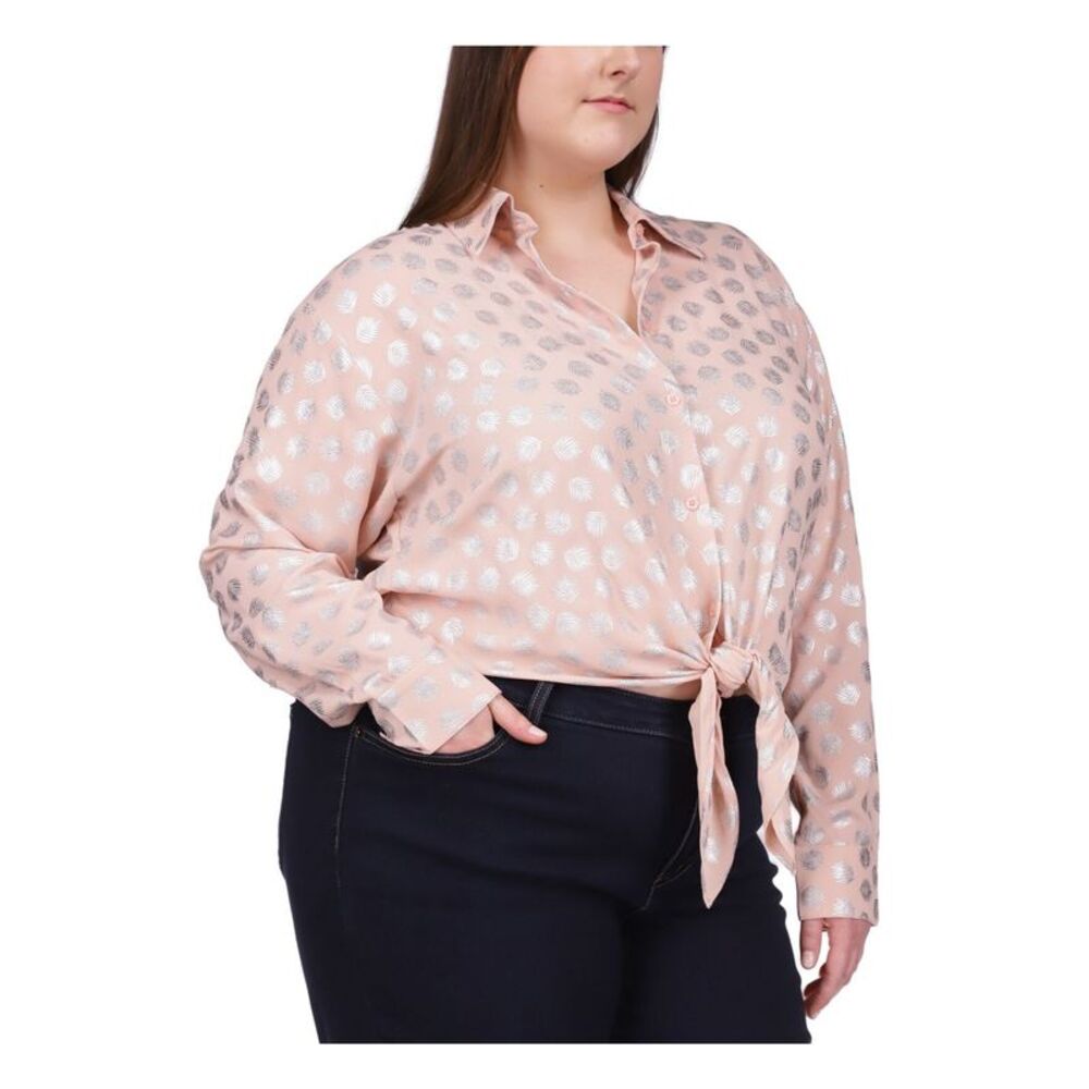 MICHAEL KORS Womens Pink Tie Front Hem Long Sleeve Button Up Top Plus 2X
